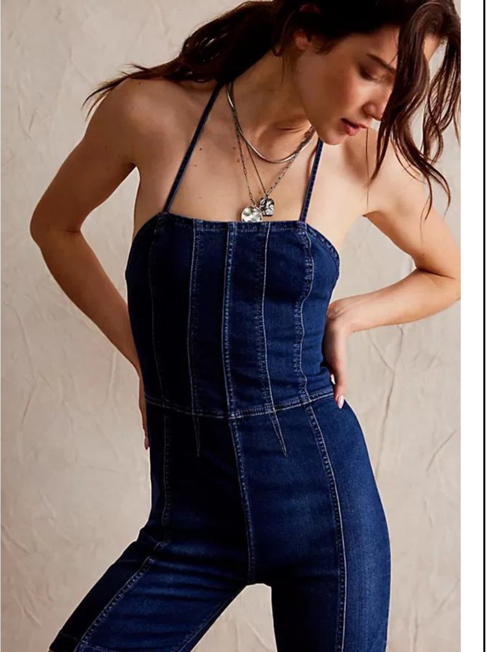 We The Free Dark Blue Denim Strappy Romper